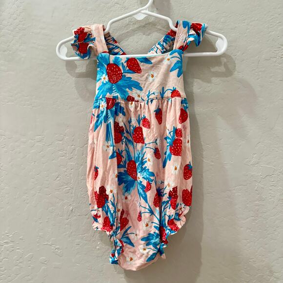 Posh Peanut Strawberry Ruffled Capsleeve Bubble Romper - Picture 1 of 7